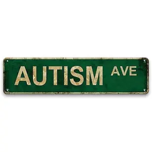 Vintage "Autism Ave" Metal Tin Sign 4" x 16" Distressed Green and White Wall Decor for Home Bar Cafe Garage Country Street Sign Style Collectible Artwork
