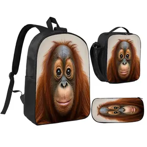 Cute Orangutan 3PCS Backpack Set, Adorable Monkey School Bag with Lunch Box Funny Realistic Animal Print Daypack