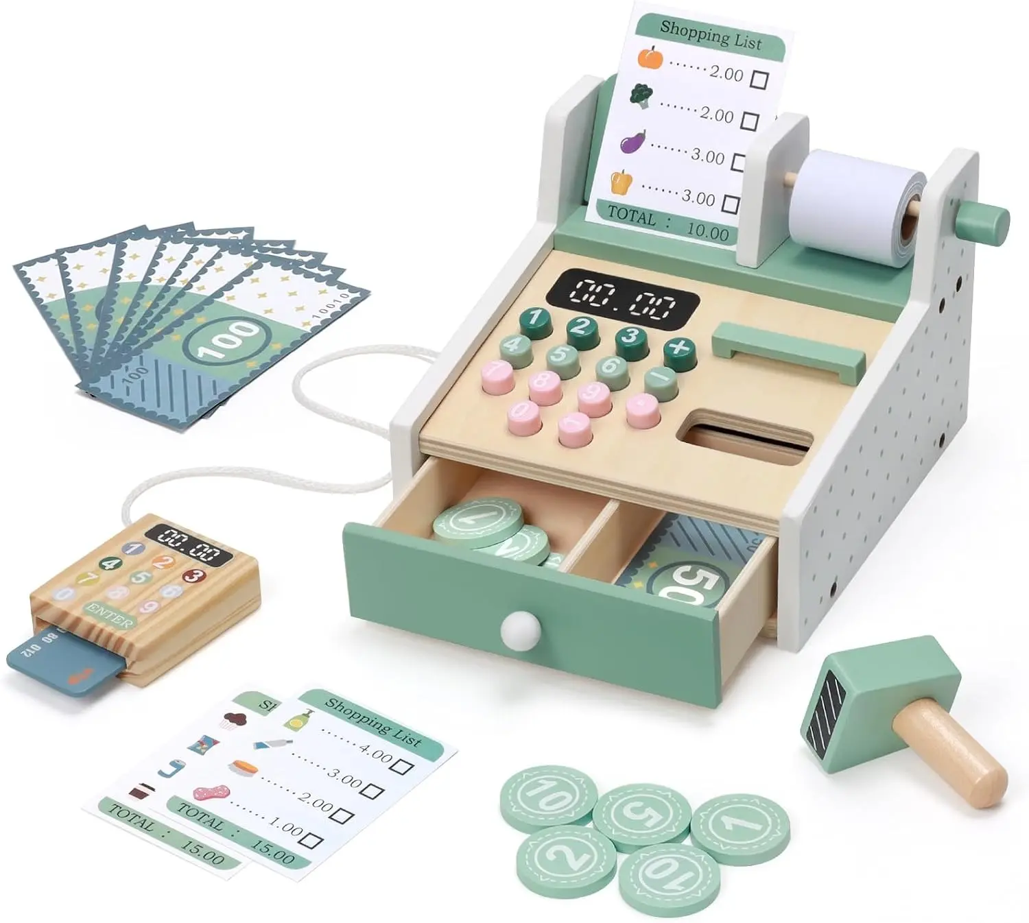 Unisex Wooden Cash Register Role-Play Kit - 3-6 Years Pretend Play Toy Set, No Assembly, Wood Construction, Store Scanner, Credit Card, Money Learning, Shopping List, Educational Toddler Gift