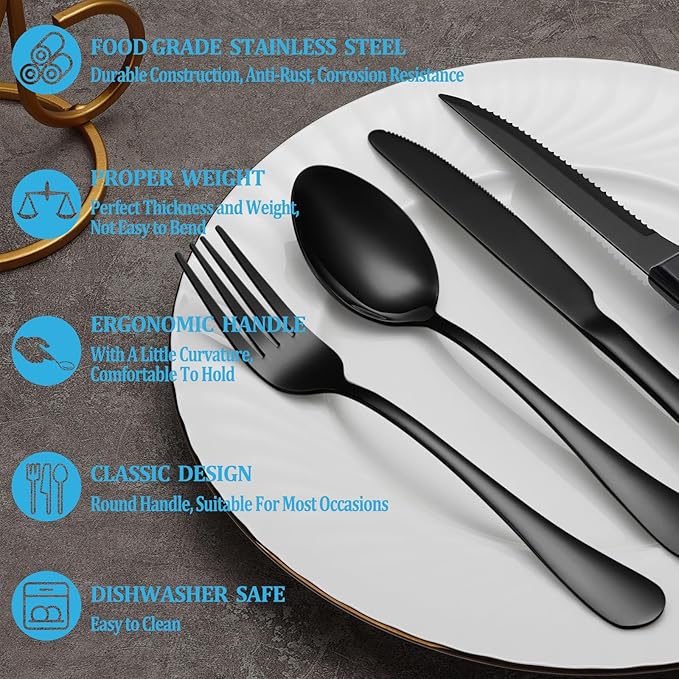 24/30 Pieces Black Stainless Steel Silverware Set ,Including Knife Spoon And Fork Eating Utensils Set For Kitchen,Cutlery Set Suitable For Restaurant And Hotels, Dishwasher Safe Flatware Set