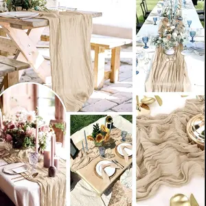 Champagne Polyester Pleated Table Runner, Bohemian Style Tablecloth, Rural Decor, Wedding Decoration, Gift Event, Festival Party