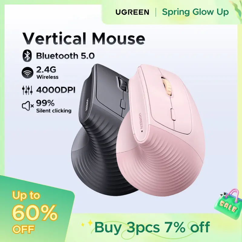 UGREEN Vertical Mouse Bluetooth 5.0 & 2.4G Wireless Ergonomic Mouse with 5 Buttons, 4000 DPI, Balck & Pink Ergonomic Mouse Compatible with PC/Laptop，Only 2.4G Model(Bluetooth not supported),TikTokShopSpringGlowUp,Greenish