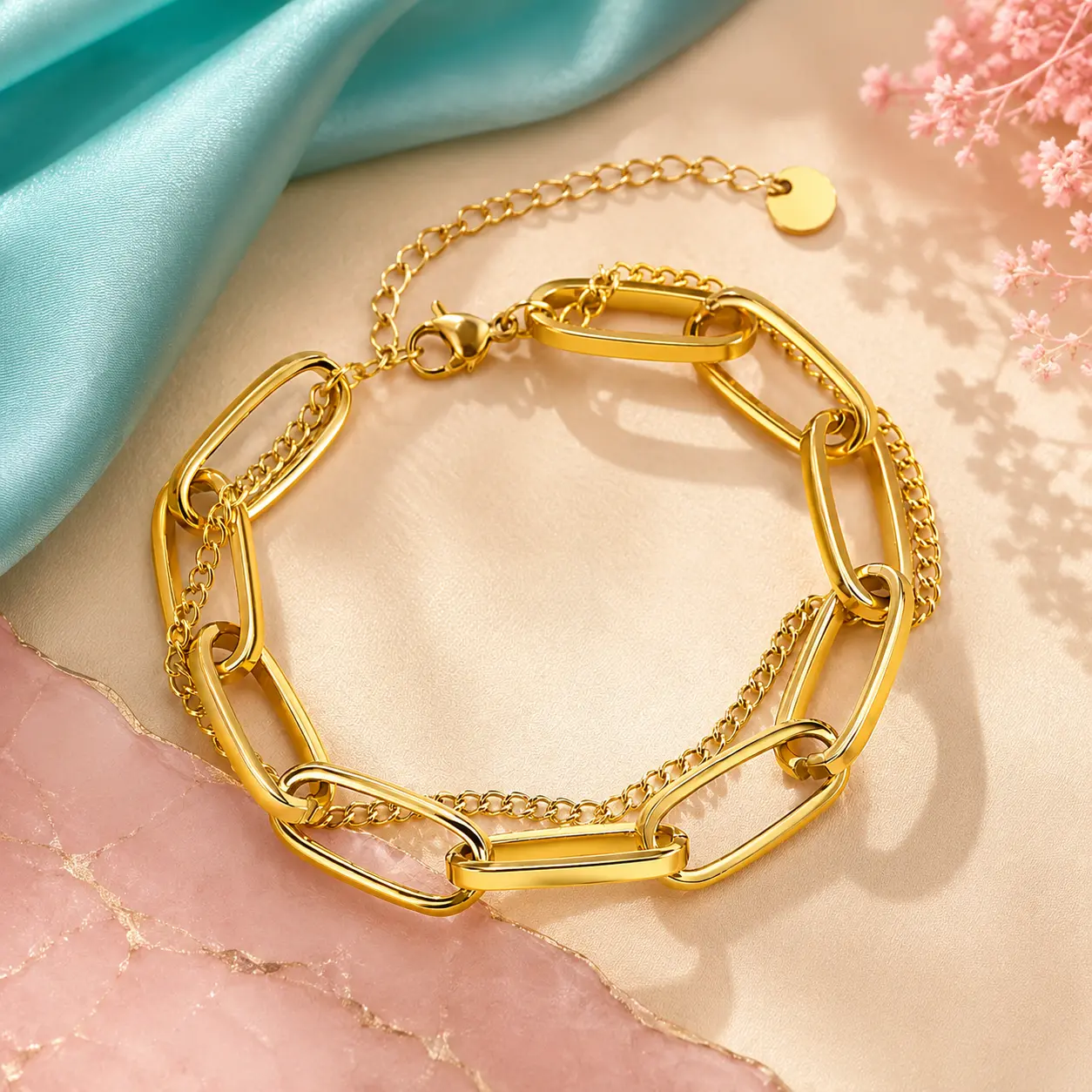 Unisex Paperclip Link Double Chain Bracelet ORO laminado 18K stainless steel 7 to 9 inches 18k gold plated