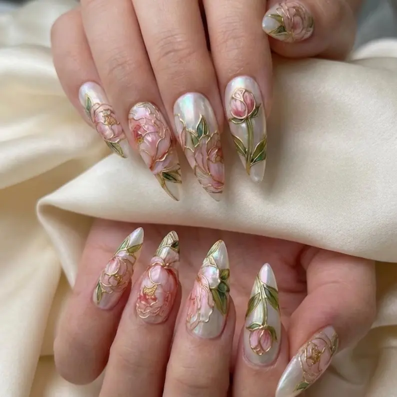 Ethereal Peony Stained Glass Press On Nails 3D Hand Painted Acrylic Gold Chrome Floral Fake Nails for Wedding Party Special Events