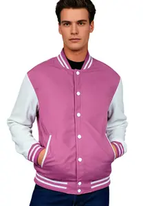Deckra Men's Casual Long Sleeve Actual Varsity Letterman Jacket - Genuine Leather Sleeves, Wool Body, Pink-White Stripe Design, Customizable Patch Menswear Top & Coat