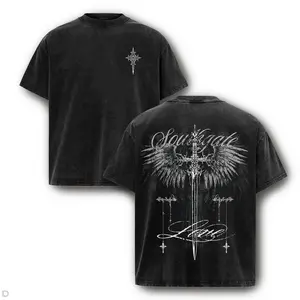 Sacred Mother & Child T-Shirt – Vintage Charcoal Acid Wash Tee with Ornate Gothic Frame Art & Bible Verse for Spiritual Warfare Apparel