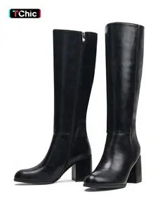 Women's High Heel Knee-High Boots, PU Leather Zipper Pointed Toe, Fall & Winter Fashion, Comfortable and Stylish, Perfect for Casual Wear, Block Heel Boots