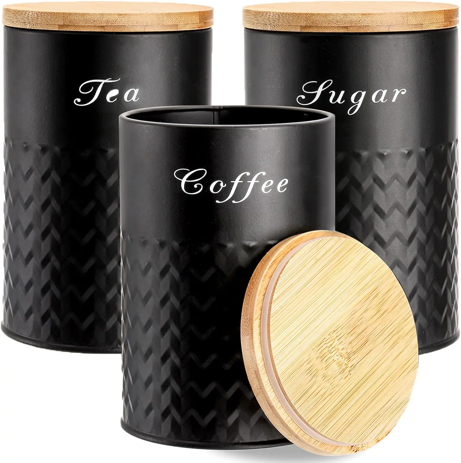 3-Pack Airtight Metal Kitchen Canisters with Bamboo Lids, Food Storage Jars for Coffee, Sugar, Flour, Rustic Black Kitchen Decor Containers