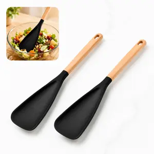 2Pcs Wooden Handled Silicone Scoop Spoons, for Household Restaurant Nonstick Cookware, Multi-Functional Kitchen Cooking Spoon, Eco-Friendly Odorless Easy Clean Cooking Accessory