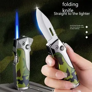 New Outdoor Metal Inflatable Windproof Lighter with Direct Injection, Multifunctional Folding Knife, Creative And Personalized for Men (Fuel Not Included)
