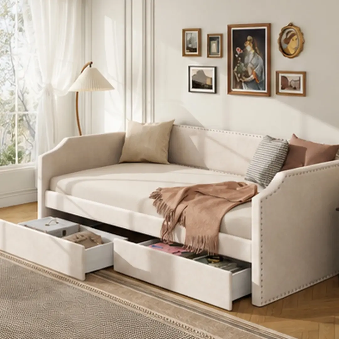 Twin Size Velvet Upholstered Daybed with 2 Drawers, Beige/Wine Red Options, Sofa Bed Frame for Guest Room, Kids Room, Space Saving Storage Bed, 79.9L x 41.7W x 30.6H, No Mattress Needed, Twin Size Options, Beige/WINE RED Color Options