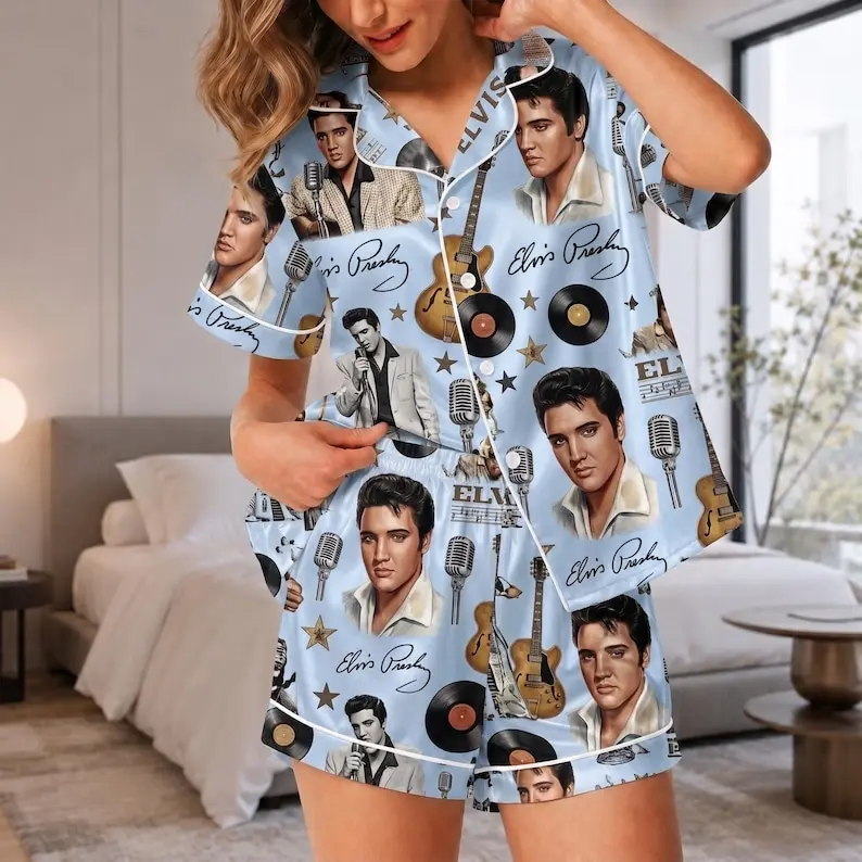 Elvis Presley Satin Pajamas, Vintage Rock and Roll Sleepwear, Retro Music Lounge Set, Silky Short Pajama Gift for Fans