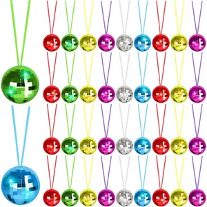 HY-NKL001 48 Pack Assorted Color Disco Ball Necklaces 70s Disco Party Necklaces 1.57 Inch Mirror Disco Ball Costume Necklaces For Birthday Parties, Festival Accessories Disco Party Favor Decoration