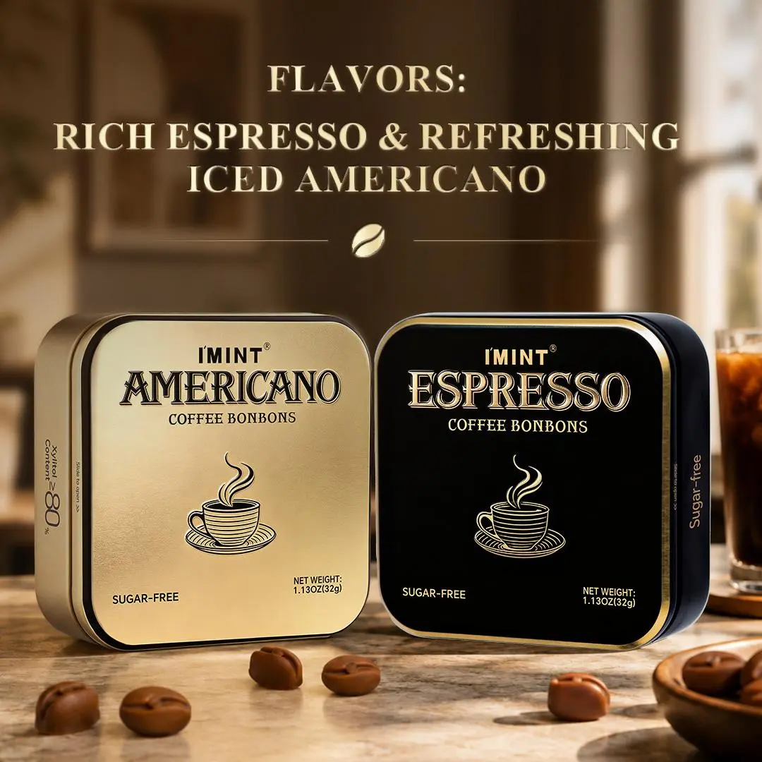 I'MINT Sugar-Free Espresso Coffee Hard Candy Mints with Xylitol - 7-Cal, Low Caffeine, Gluten-Free, No Aspartame/Artificial Colors, Candy Box for Office Work & Study Pick-Me-Up (No Jitters, Fresh Breath, Energy, Focus)