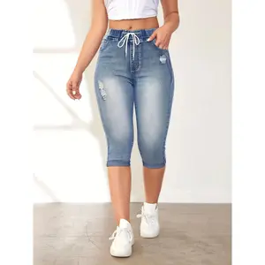 Women's Solid Drawstring Waist Ripped Capris Jeans, Casual Faded High Waist Denim Skinny Cropped Pants for Daily Wear, Ladies Bottoms for All Seasons