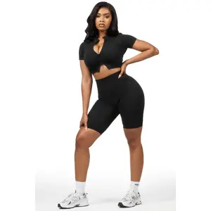Gisselle Black Zip Up Active Bike Short Set