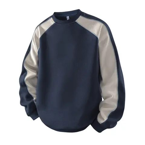Men's Retro American Vintage Long-Sleeve Crew Neck Polyester Blend Sweatshirt, Striped Panel Loose Casual Top, Comfortable Versatile Menswear - Gift for Him