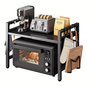 Expandable Microwave Rack, Adjustable Width, Metal Structure, Space Saving Countertop Organizer, Adjustable Standing Shelf, Fits Most Microwaves