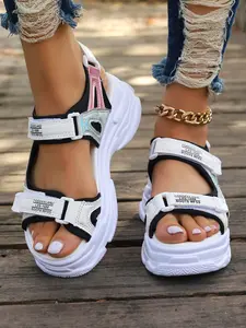 Women's Thick Sole Sandals, Summer Height Increasing Shoes, Magic Tape Design, Sport Casual Style Beach Footwear, Sporty Look