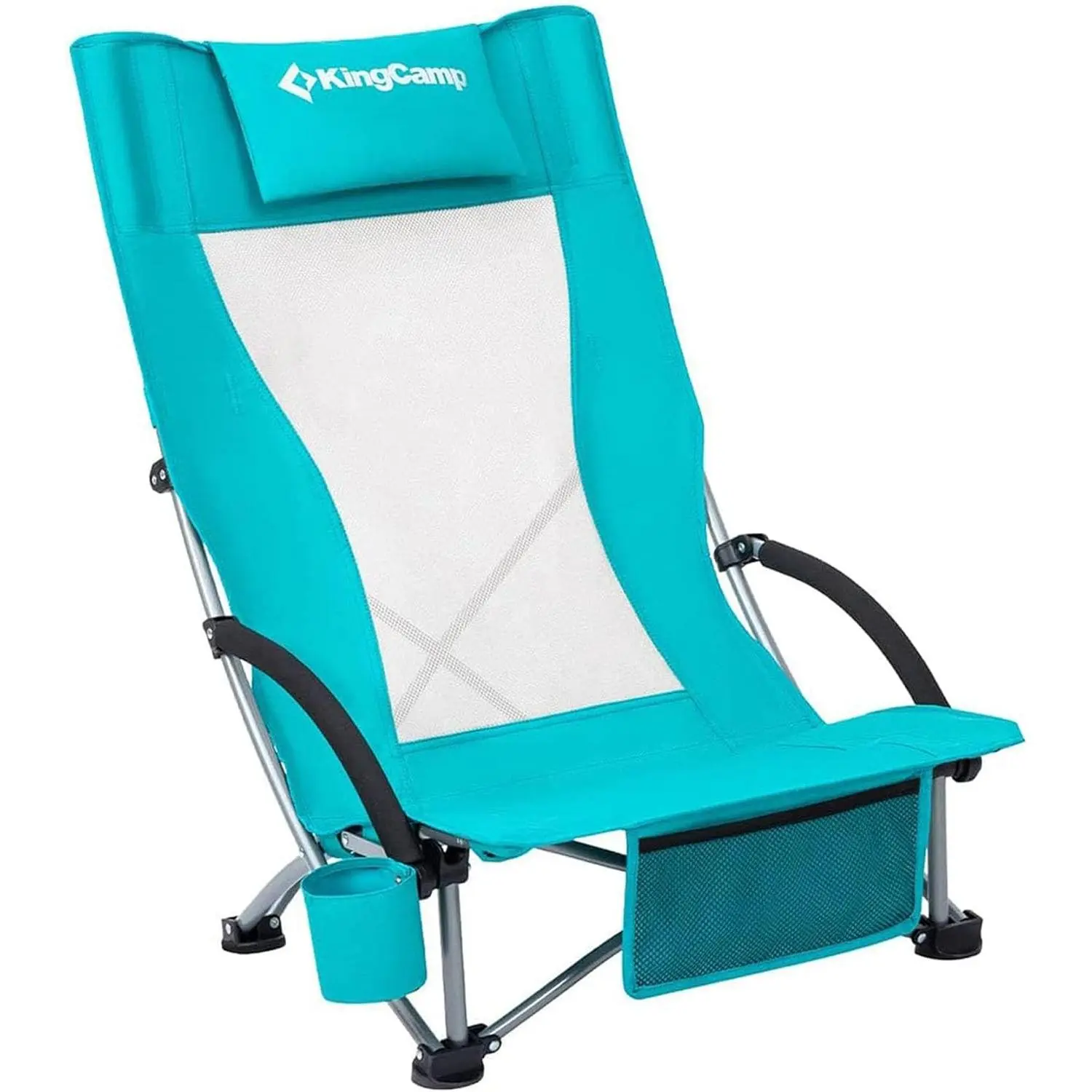 KingCamp Low Beach Chair with Pillow Sleeve, High Back Folding Camping Chair for Adults – Oversized Wide Seat, Breathable Mesh, 300lbs Heavy Duty Portable Chair with Cup Holder & Multi-Compartment Pockets for Beach, Outdoorsummerwins SummerTurnUp
