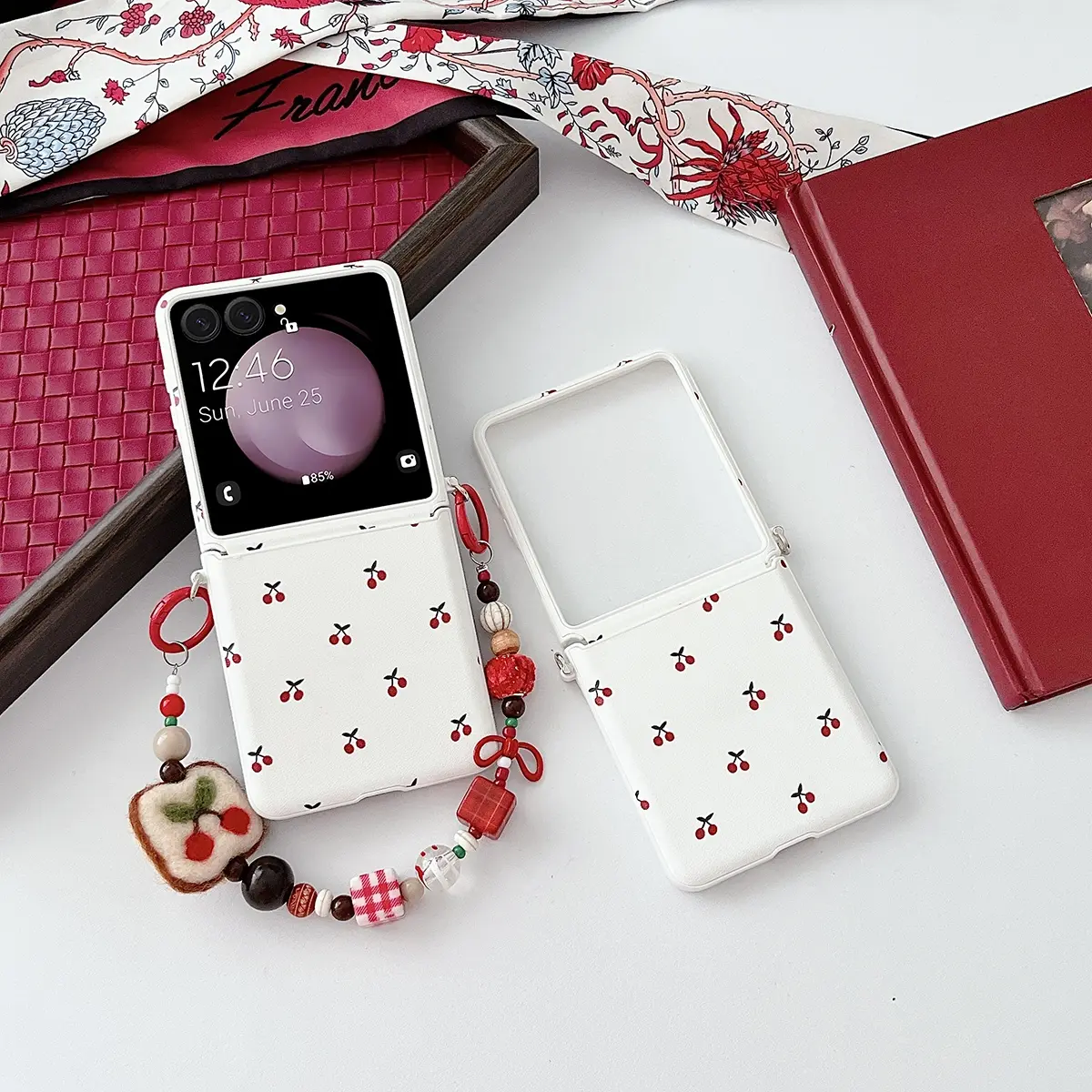 PU leather cherry-pattern phone case with hard PC back panel for protecting the phone. Suitable for Samsung Galaxy Z Flip8, Z Flip7, Z Flip7FE, Z Flip6, Z Flip5
