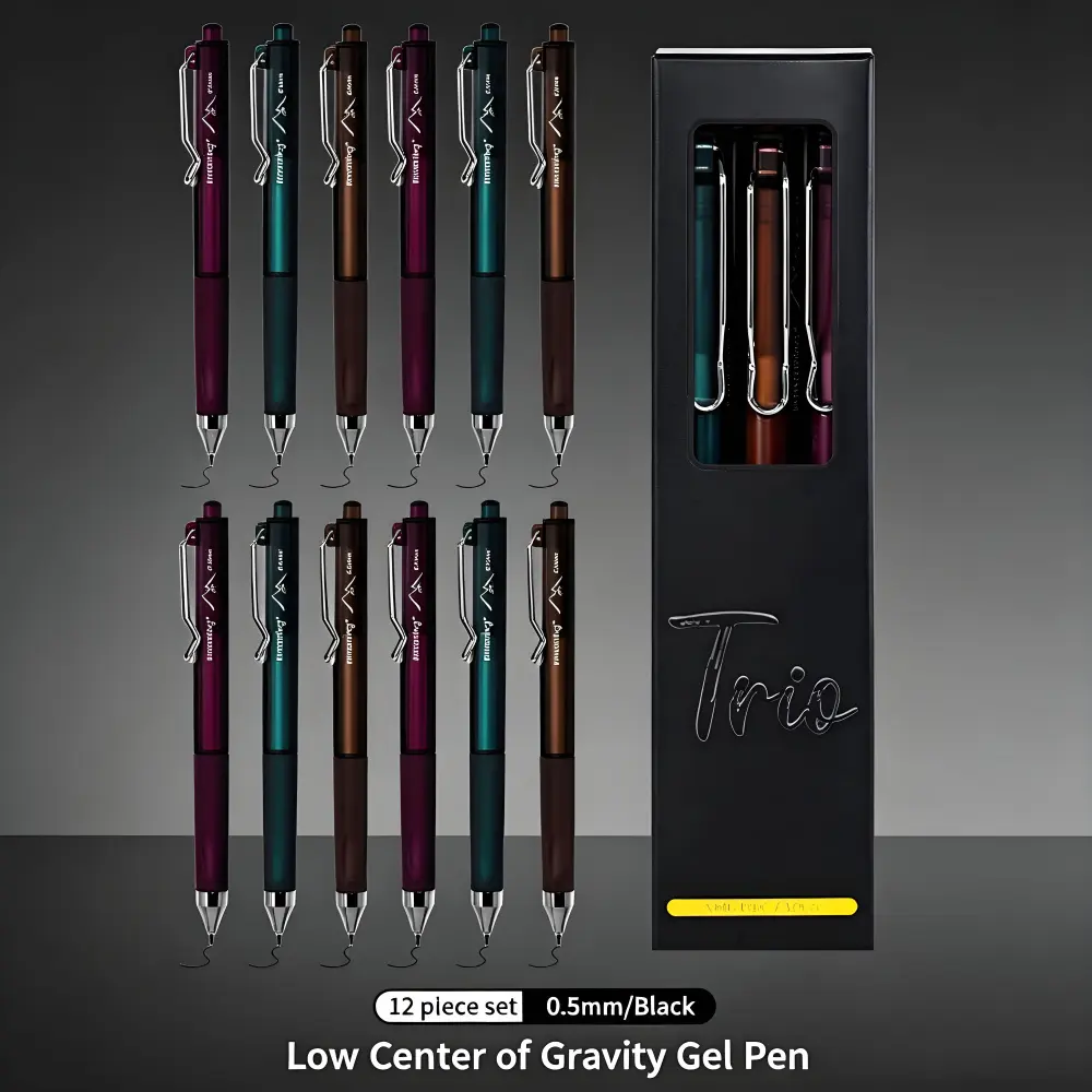 12 Low Centre Gravity Retractable Aesthetic Gel Pens - Dark Style, Soft Protective Sleeves, Comfortable Callus-Preventing Grip, Smooth Smudge-Proof Quick-Drying Writing, Large-Capacity Black Gel Pens for DIY Use