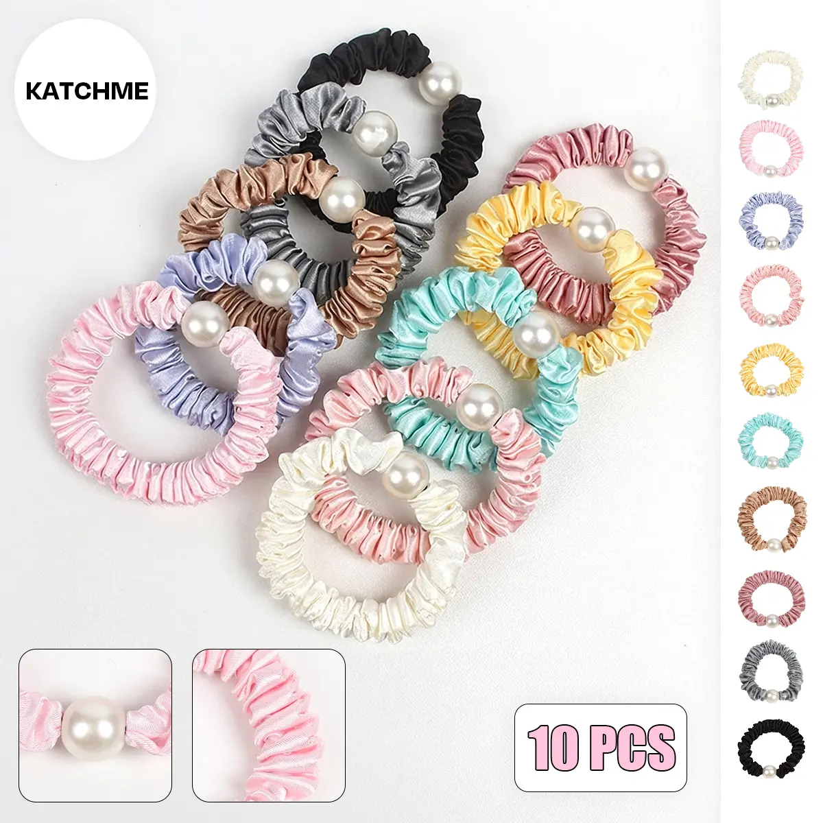 KatchMe Women's Elegant 10-Pack Satin Faux Pearl Hair Tie Set, 10 PCS Round Elastic Hair Band for Women, Vibrant Solid Color Hair Accessories