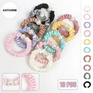 KatchMe Women's Elegant 10-Pack Satin Faux Pearl Hair Tie Set, 10 PCS Round Elastic Hair Band for Women, Vibrant Solid Color Hair Accessories