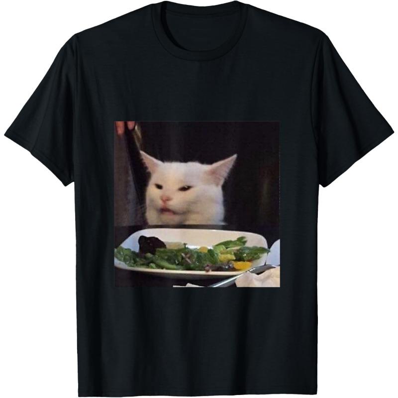 Smudge The Cat at Dinner Table Meme Men's T-Shirt | Confused Cat Salad Meme Funny Viral Internet Meme Tee