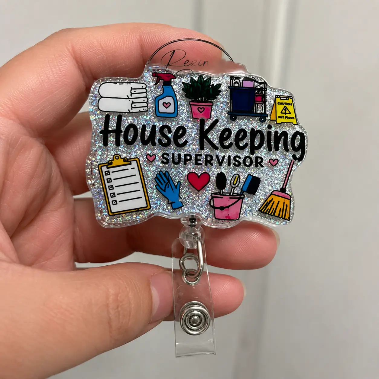 Badge Reels for Housekeeping Supervisors, Cute Glitter Acrylic Housekeeper ID Holder, Retractable Clip Hotel EVS Manager Gift