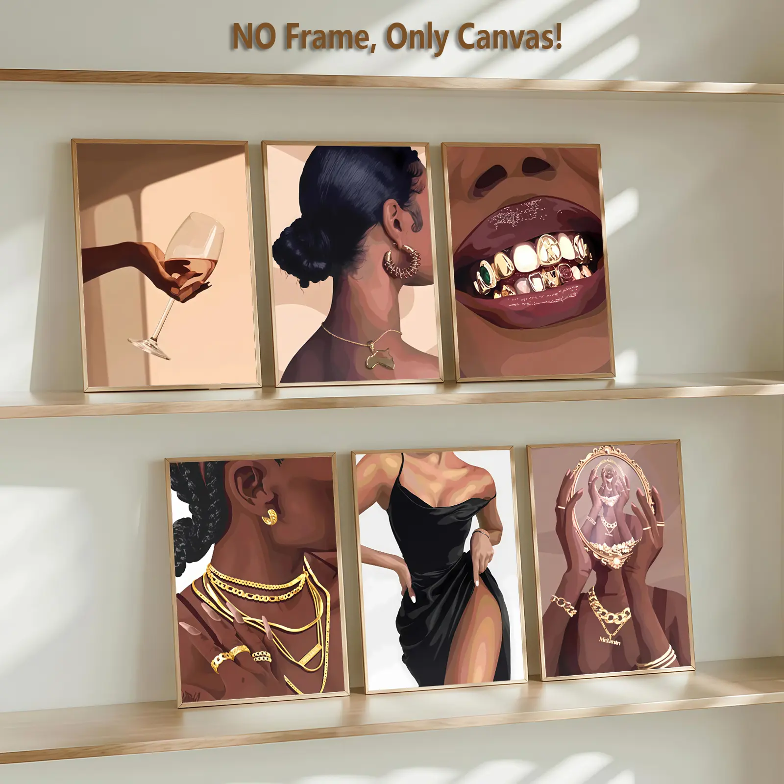 6 count frameless canvas poster, gold portrait group picture poster, home decoration, Art Work For Wall Decor, HD, art, Unframed Art Print, Wall Art Painting