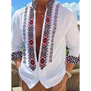 Men’s ethnic embroidered shirt, casual vacation style, three-quarter sleeves, fashionable collar detailing—a perfect choice for everyday wear. GARMENTARY