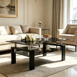 Modern Rectangle Tempered Glass Coffee Table Double-Layer Clear Glass Center Table with Metal Frame for Living Room Office 39.37" x 23.62" x 17.7" Durable Sturdy Construction Easy to Clean