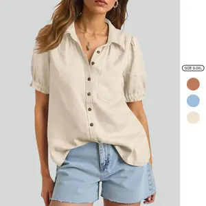 Imily Bela Womens Puff Short Sleeve Button Down Shirts Summer Casual Collared V Neck Blouse Linen Loose Fit Work Tops