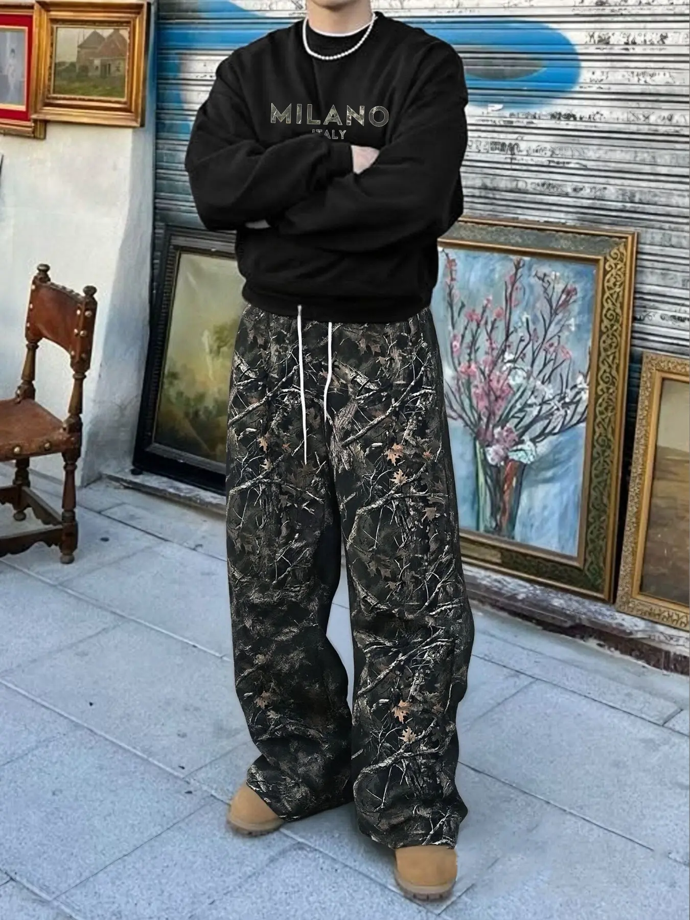 Men's Camo Letter Print Sweatshirt Set with Tree Pattern Pants, Fall & Winter Fitted Long Sleeve, Street Style Casual Two-Piece