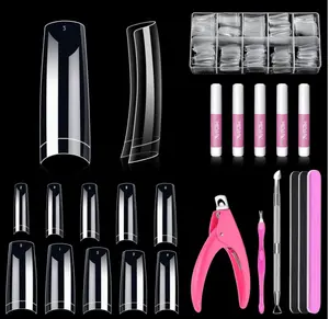 MORGLES Clear Acrylic Nail Tips, 500 Pcs French Nail Tips Square Half Cover with Glue, Clipper, Files and Cuticle Fork for Salons and Home DIY