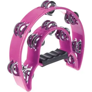 Half Moon Musical Tambourine Double Row Metal Jingles Hand Held Percussion Drum Multicolor Pink for KTV Party with Ergonomic Handle Grip Ideal for Music Performances and Rhythm Practice