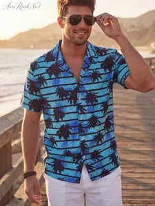 A1 Men's Short Sleeve Hawaiian Shirts Casual Button Down Tropical Palm Tree Graphic Print Aloha Beach Shirt Summer Vacation Holiday Cruise Wear Luau Party Striped Blue Lightweight Tops