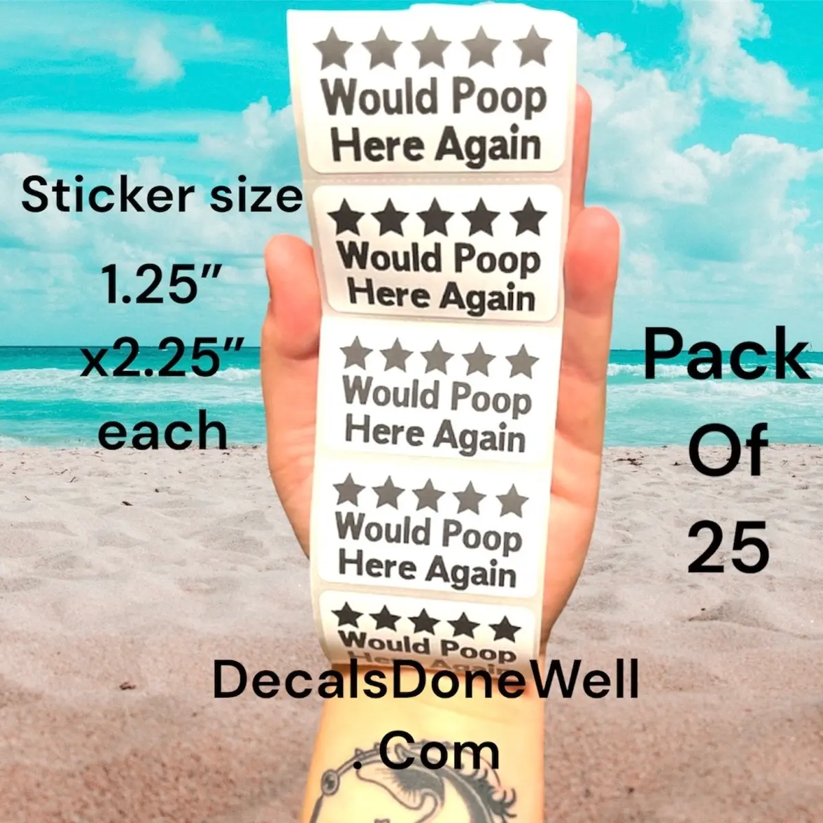 Would Poop Here Again 25 pack Prank Stickers Thermal Labels Decals Pack of 25 1.25"x2.25" Each