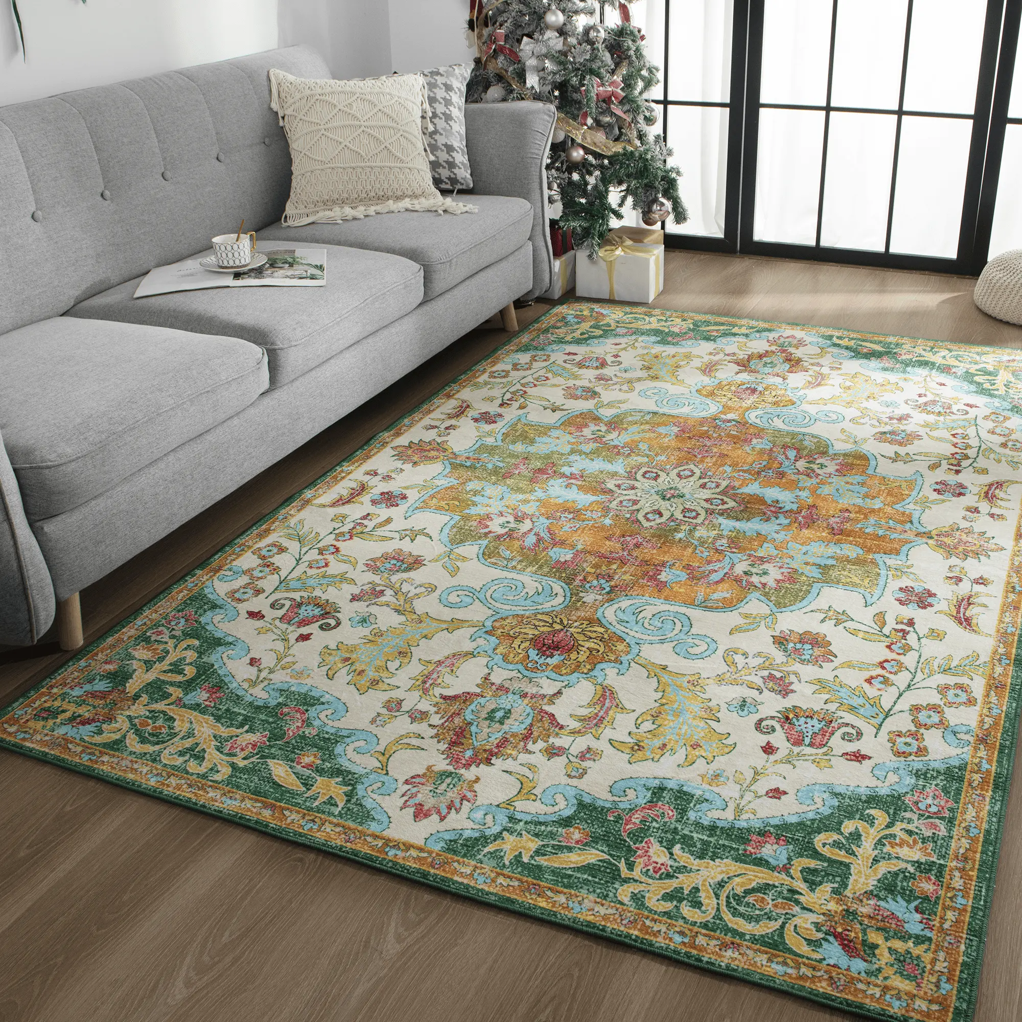 6x9 Boho Area Rugs for Living Room,Machine Washable,  Vintage Luxury Soft Low Pile Rugs for Bedroom,Dining Room ,Non Slip Printed Carpets for Nursery,Playroom Office, Black, Blue, Green, Gray,Orange/Blue,5x8,6x9 Feet
