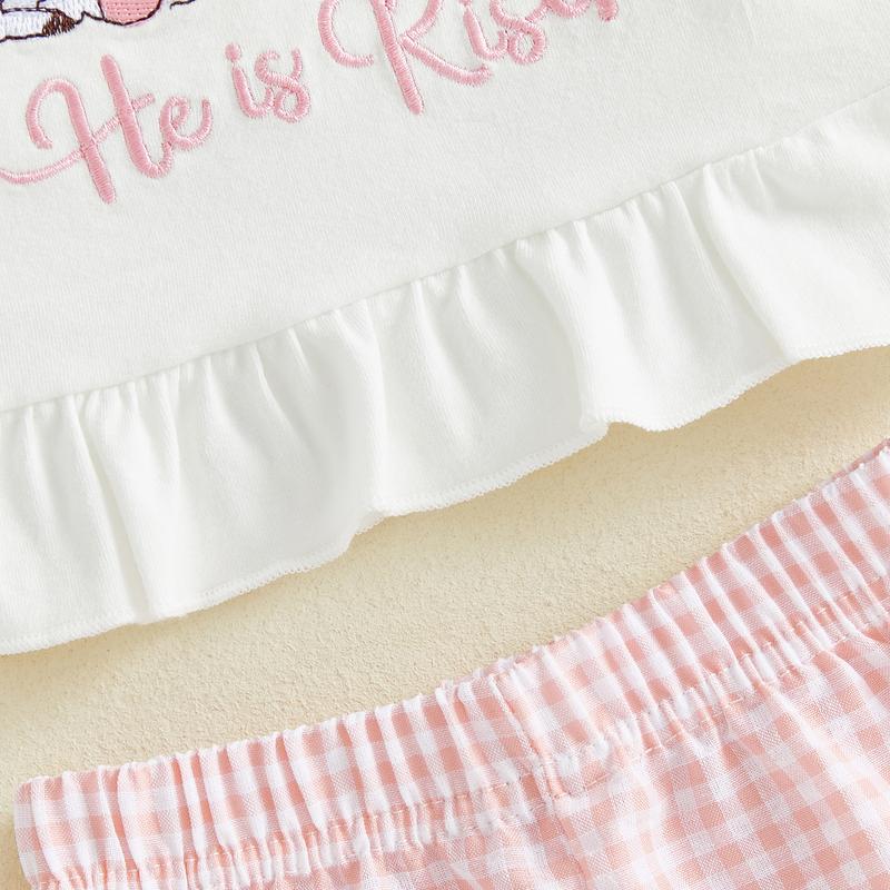 Toddler Baby Little Girls Easter Outfits Cross Animal Embroidery Short Sleeve T-Shirt and Plaid Shorts Set 3M-3Y