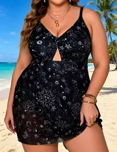 Must-have for curvy plus-size girls | Women's plus-size black printed swim skirt with tummy control and slimming effect, chiffon one-piece swimsuit, perfect for curvy figures, ideal for beach vacations and pool parties - SummerVibes
