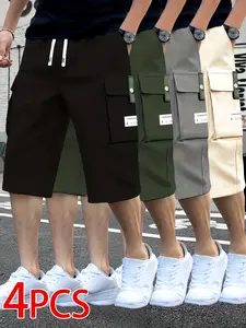Men’s Solid Color Cargo Shorts 4-Pack – Loose-Fit Shorts with Drawstring Waist and Pockets, Suitable for Everyday Casual Wear – Versatile Pants, Comfortable Fit, Ideal for Work and Leisure Activities, Various Occasions, Men’s Work Shorts, Men’s Cargo Shor