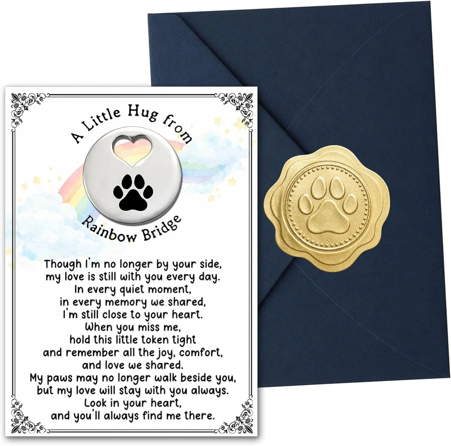 Pet Loss Gift for Dog Cat Lovers, Rainbow Bridge Pocket Hug Keepsake Card with Paw Print Token, Sympathy Memorial Gift for Loss of Pet, Remembrance Comfort Gift for Grieving Pet Owners (White)