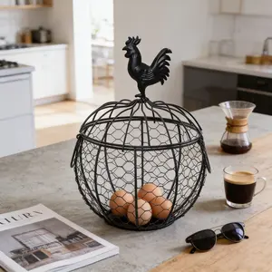 Iron Egg Basket, Portable Egg Storage Basket with Handle and Lid, Home Decor Organizer for Living Room and Dining Room, Wire Storage Basket