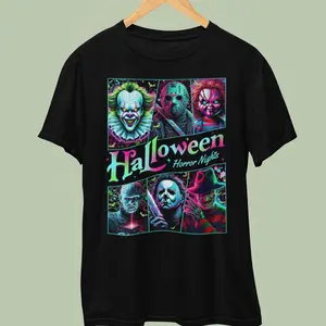 Halloween Horror Nights Neon Character Tshirt Featuring Iconic Horror Faces Design