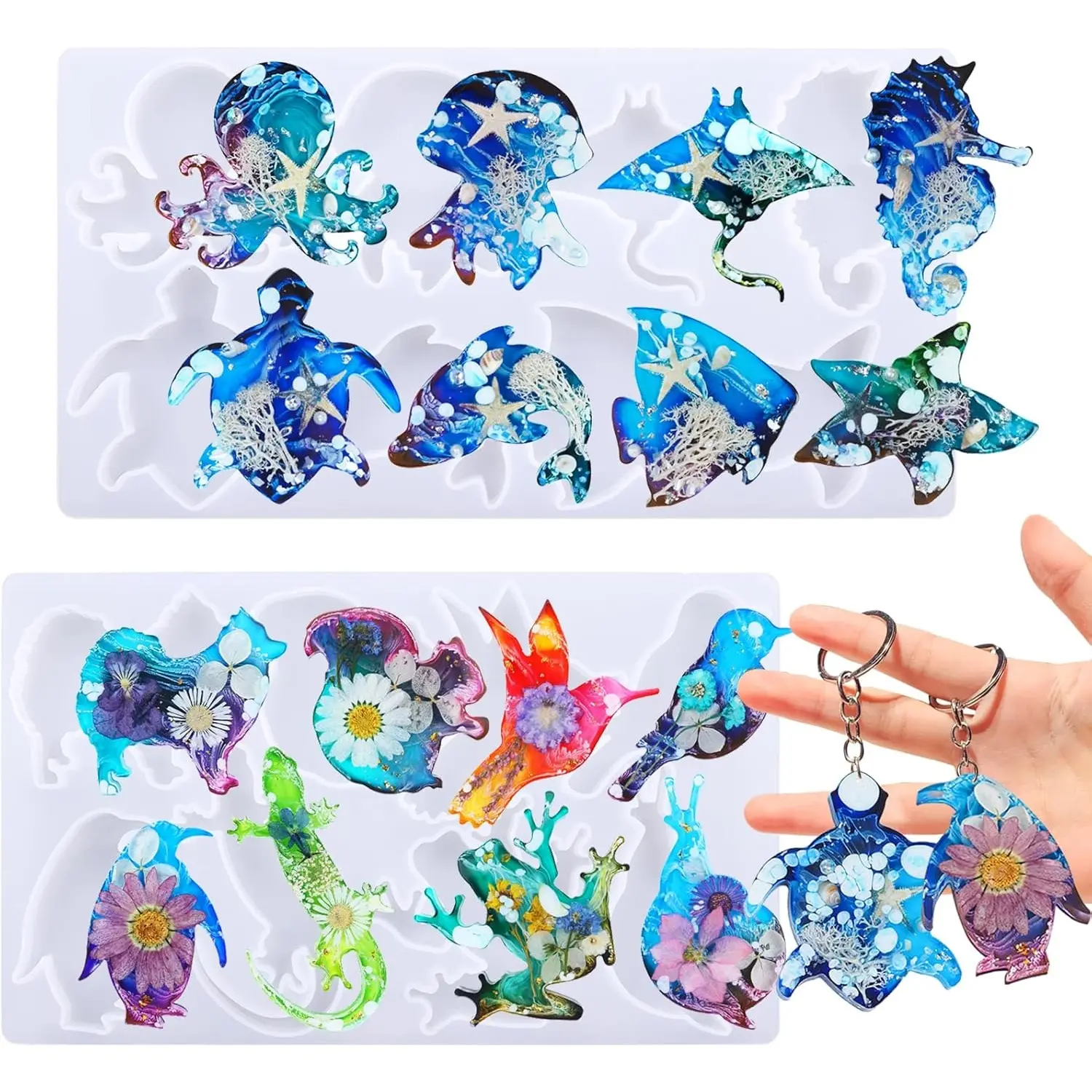 16-Cavity Marine Animal Silicone Molds - Fish, Octopus, Lizard, Snail, Flying Bird, Hippocampus Designs for DIY Epoxy, Plaster Keychains, Pendants, Enjoy DIY Fun, Add Fillers & Decor Home Improvement Tool Accessories