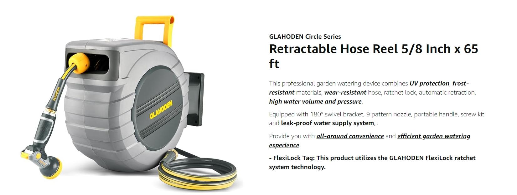 GLAHODEN Upgraded Retractable Garden Hose Reel, 1/2 Inch x 130 ft Wall Mounted Hose Reel, Heavy Duty Garden Hose Reel with 9 Patterns Nozzle, Any Length Lock, Upgraded Slow Return System and 180° Swivel Bracket Automatic Watering Devices GLAHODEN Upgraded Retractable Garden Hose Reel, 1/2 Inch x 130 ft Wall Mounted Hose Reel, Heavy Duty Garden Hose Reel with 9 Patterns Nozzle, Any Length Lock, Upgraded Slow Return System and 180° Swivel Bracket Automatic Watering Devices