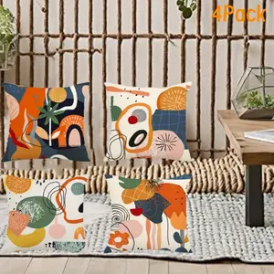 4PCS Mid-Century Modern Abstract Throw Pillow Covers - Boho Floral Geometric Pattern Decorative Pillowcases,Durable Fabric with Zipper Closure,Indoor/Outdoor Decor for Couch,Patio,Living Room (Inserts Not Included)