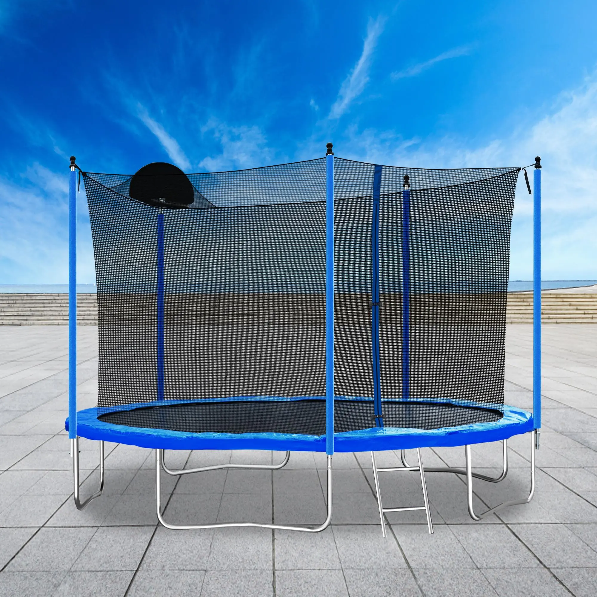 12FT Trampoline with Enclosure Net, Ladder & Basketball Hoop, Outdoor Backyard Trampoline for Kids Adults fun rebounder exercise active play quick connect frame home